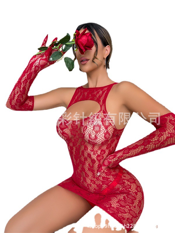 European and American Style Sexy Underwear plus Size Cross-Border Sexy Fishnet Clothes Foreign Trade Popular Style Sheath Fishnet Clothes Skirt Hollow Gloves Suit