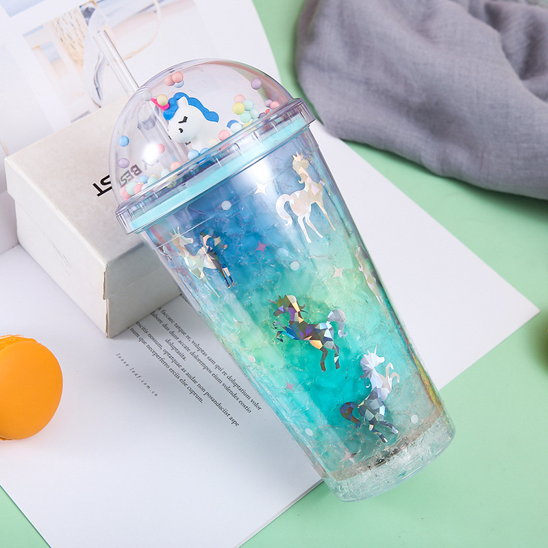 Customized Micro Landscape Colorful Cartoon Plastic Cup Outdoor Pony Water Cup with Straw Student Cute Summer Ice Glass