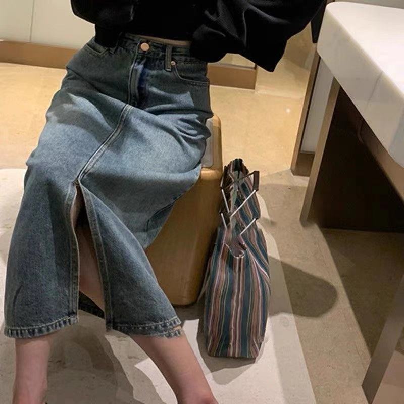 Denim Long Skirts High Waist Denim Skirt Women's Summer 2022 Spring and Autumn Design Open Mid-Length Vintage Sheath Skirt