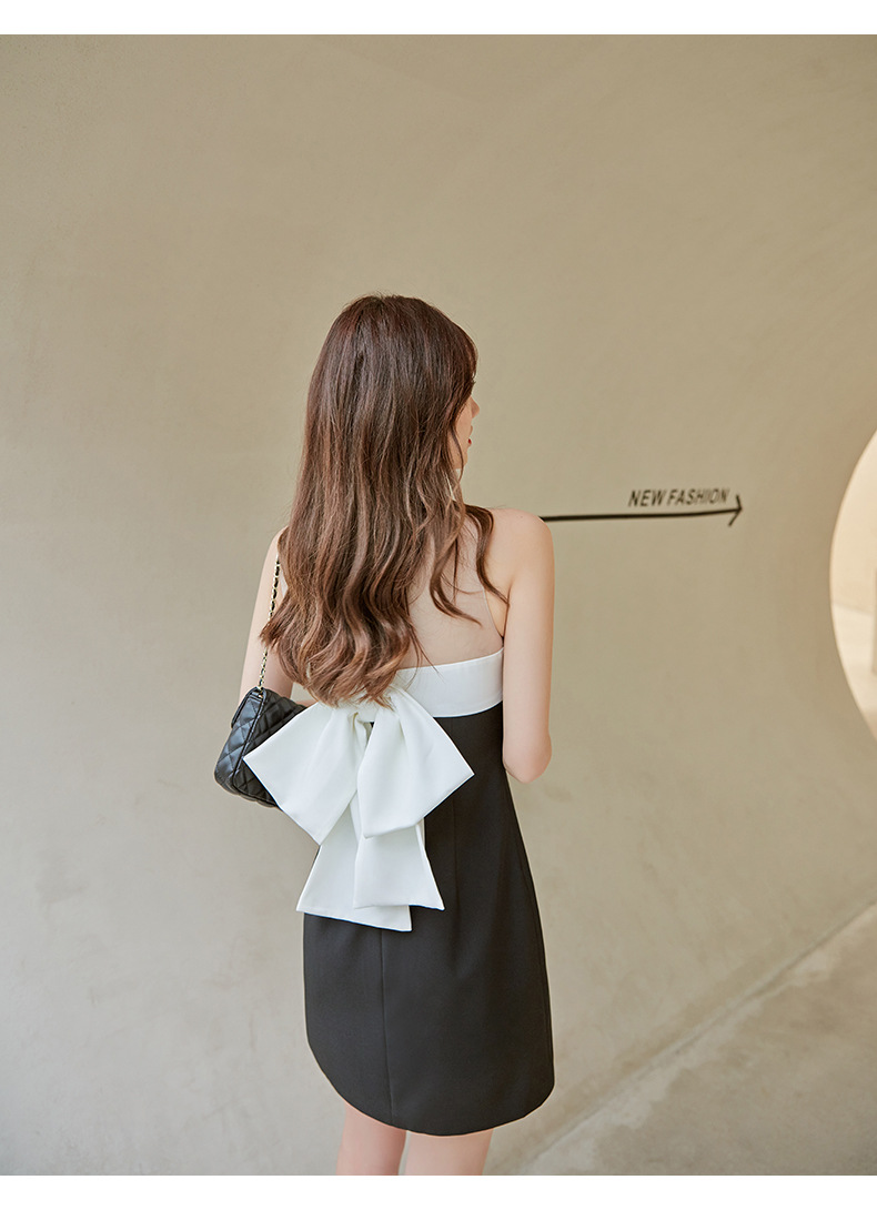 欧美风时尚简约撞色晚礼服名媛高冷御姐风露背蝴蝶结连衣裙 66484