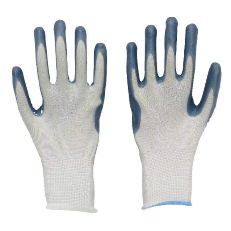 Factory Customized Labor Protection Nylon Blue Nitrile Gloves Rubber Hanged Glue Dipping Nitrile Latex Thickened Rubber Gloves