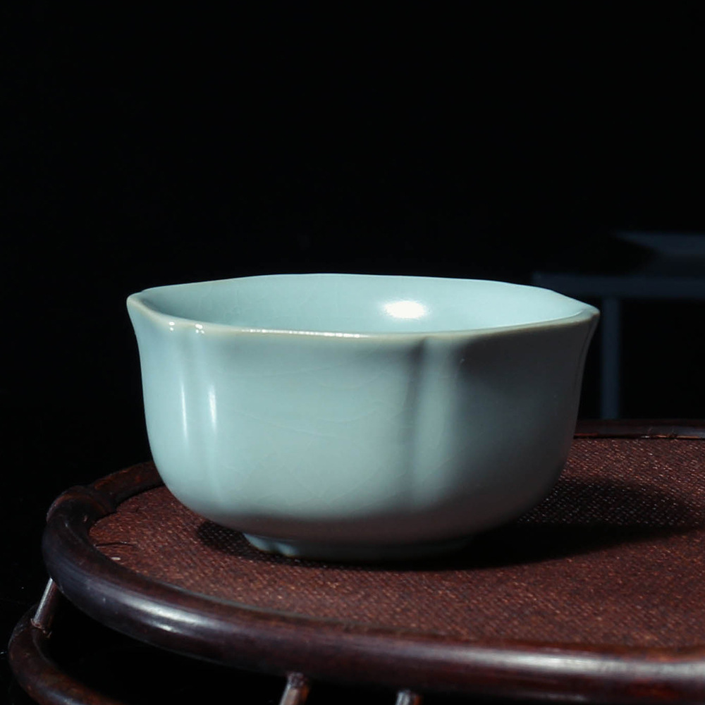 汝窑主人杯单个家用功夫茶具创意六瓣茶杯天青汝瓷杯开片陶瓷单杯