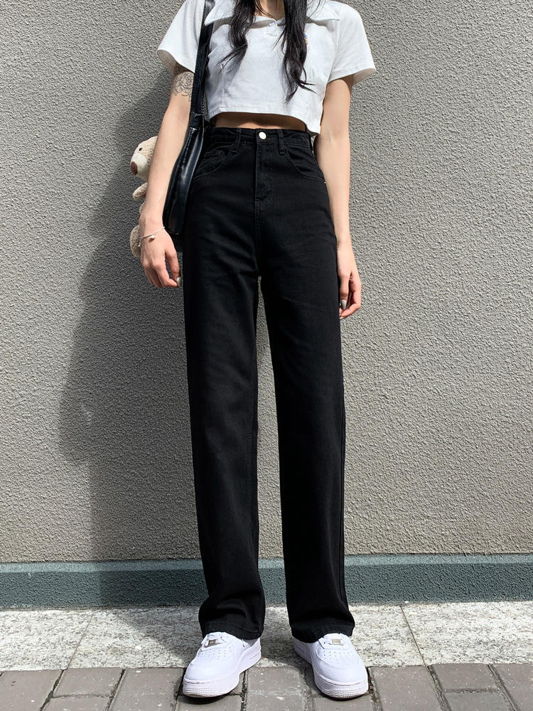 黑色直筒裤高腰牛仔裤女夏季2022新款显瘦垂感小个子梨形身材裤子