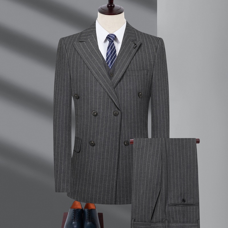金典英伦双排扣西服套装男戗驳领正装条纹西装全套男新郎结婚礼服