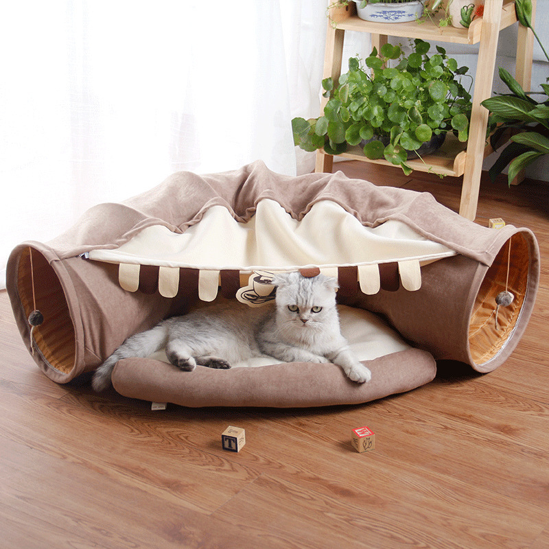 Japanese-Style Cat Tunnel Cloth Channel Folding Cat Nest Ringing Paper Cat Toy Pompons Two-in-One Pet Mattresses Warm