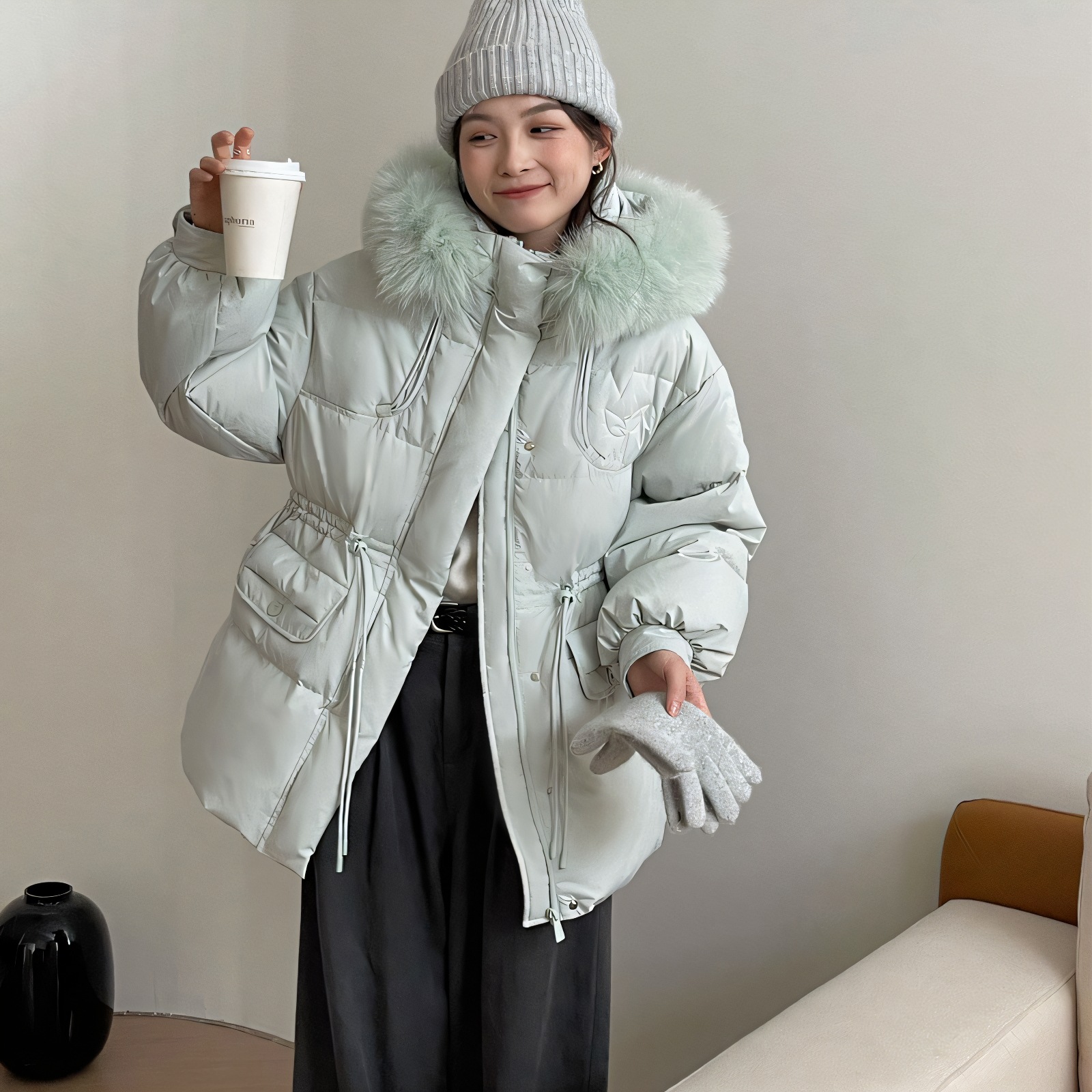 彧言2024新款毛领羽绒服女中长款加厚连帽收腰显瘦韩版宽松外套