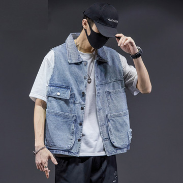t牛仔马甲男春秋宽松大码潮流帅气多口袋复古机车工装无袖坎肩背