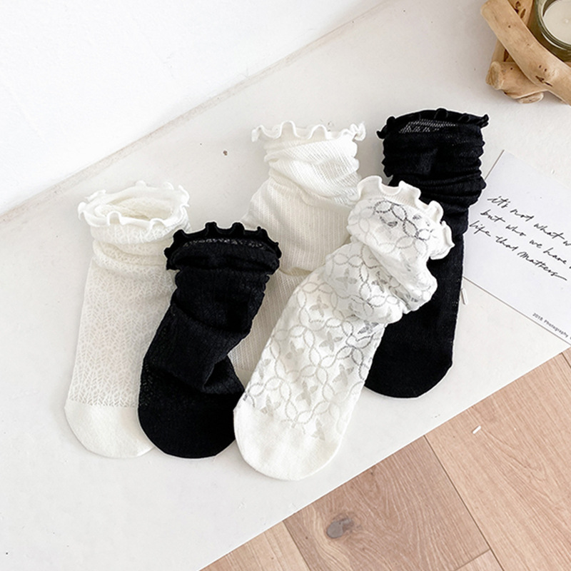 Women's Socks Lace Black and White Knee-High Spring Summer Mesh Thin Breathable Fungus Lace Japanese Fashion JK Bunching Socks