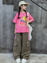 女童短袖T恤夏季2024夏季韩版儿童装夏装薄款美式工装裤两件套潮9