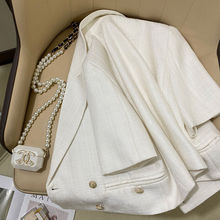 米白色短款西装外套女2024夏季新款设计感英伦小香风短袖薄款西服