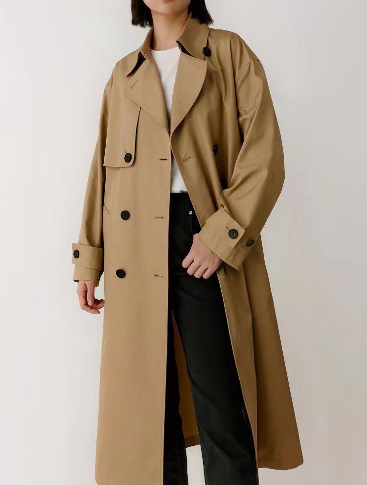 ic小禾外套原厂面料气质全棉落肩双排扣长款风衣女秋冬卡其色