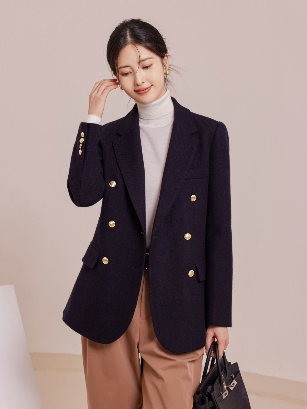 客供高支50羊毛50羊绒小西装外套女士高端加厚双排扣休闲西服百搭