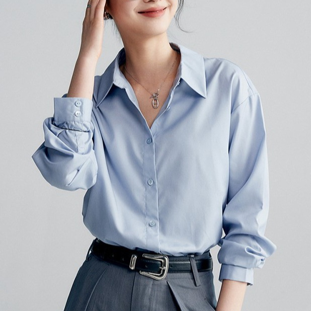 简约气质纯棉白色通勤长袖衬衫女24春季微磨毛叠穿气质长绒棉衬衣