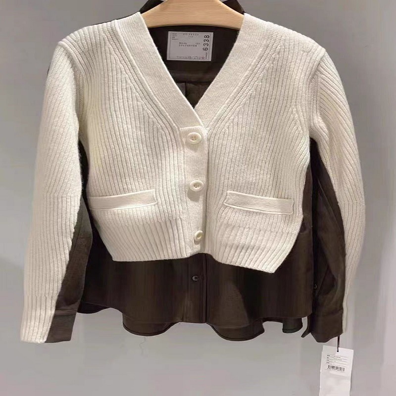 fog sacai 外套24早春慵懒风上衣针织开衫条纹拼接长袖v领毛衣女