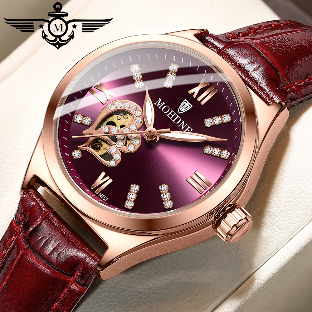 摩盾手表女全自动机械表真钻时尚潮流防水新款樱花心女士手表直播