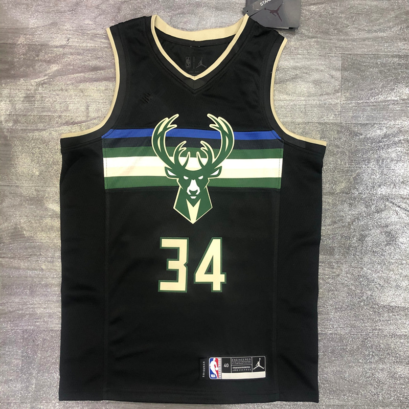 21赛季雄鹿篮球服上衣 34号字母哥黑色球衣 热压布印全明星号码