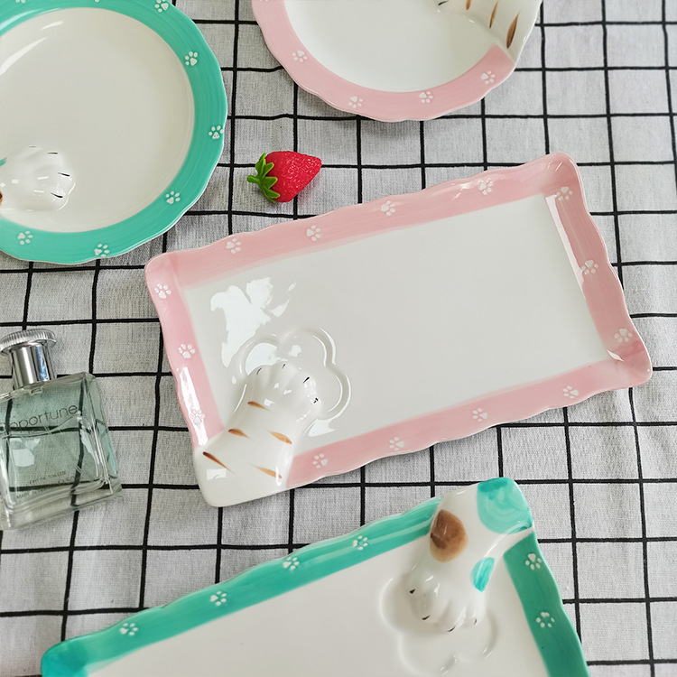 Cute Dinnerware Cartoon Animal Ceramic Plate Cat's Paw Household Food Plate Long Disc Creative Hand Painted Underglaze Plate