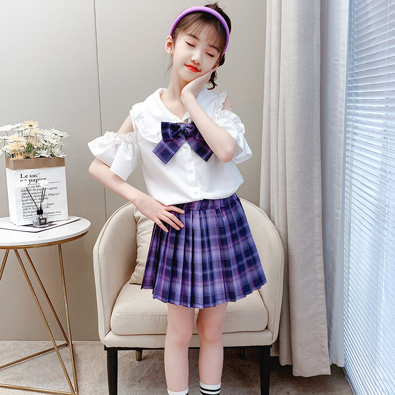 女童夏季2021新款jk套装裙洋气夏装10岁大童露肩衬衫百褶裙两件套