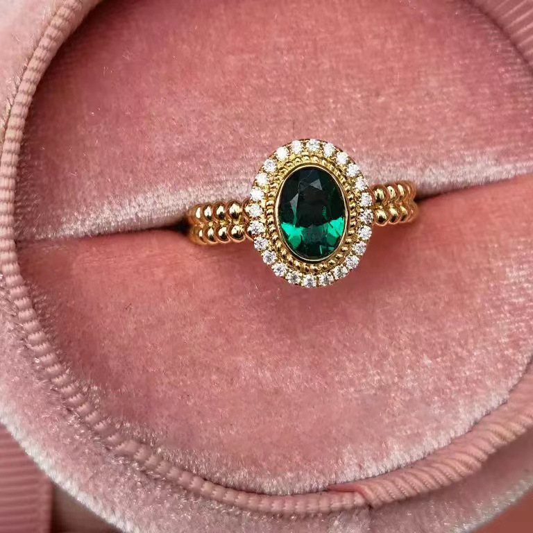 小红书推荐复古祖母绿钻戒女椭圆鸽子蛋绿宝石食指环时尚气质批发