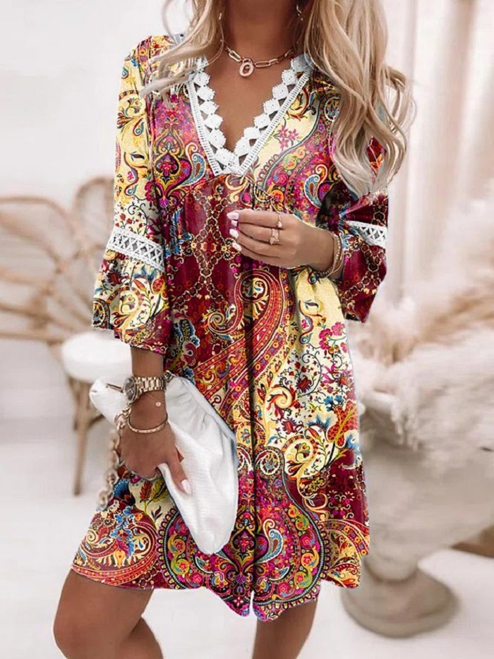 In Stock 2022 Europe and America Cross Border Spring V-neck Printed Lace Stitching Bohemian Casual Vacation Style Dress