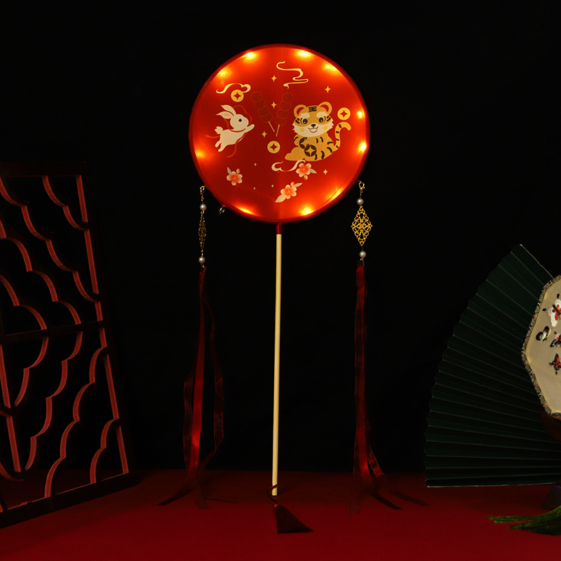 厂家直销花灯元宵灯 汉服古风团扇 带灯双面宫扇拍照道具手工扇子