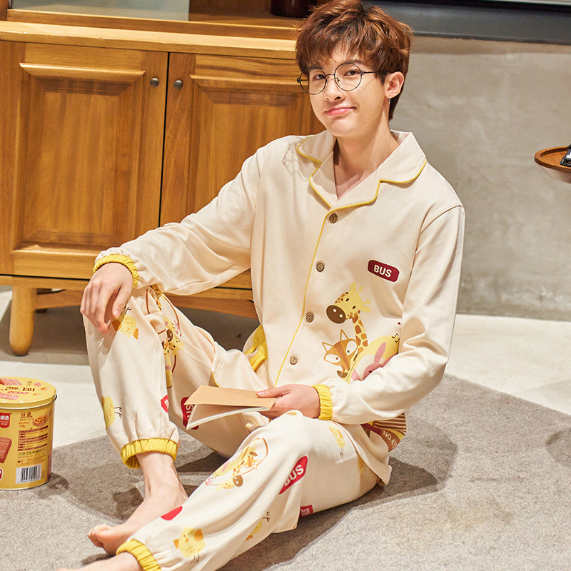 日韩可爱小男生家居服春秋季青少年学生卡通开衫长袖睡衣两件套