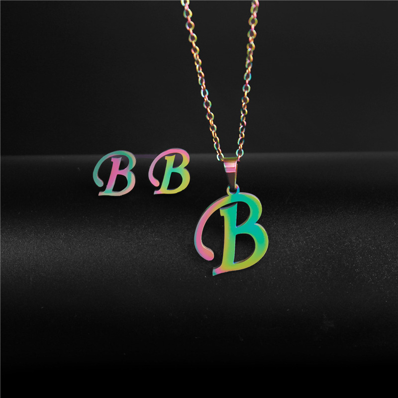 Cross-Border Colorful Accessories European Hip Hop Stainless Steel Necklace and Earring Suit Simple 26 English Letter Necklace