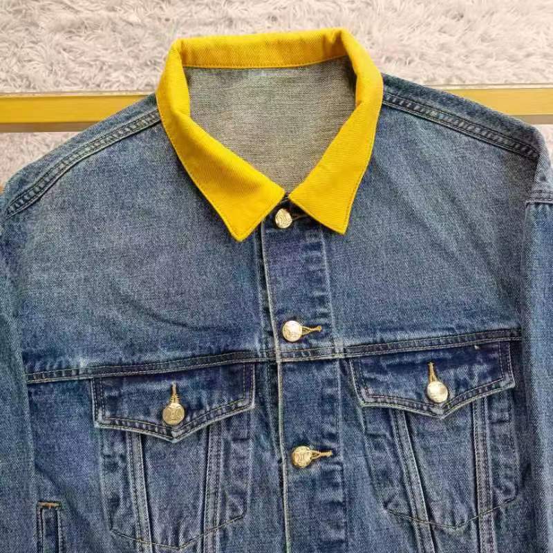 正确版 22s早秋cl黄色翻领后背字母牛仔外套新款夹克服时尚短上衣