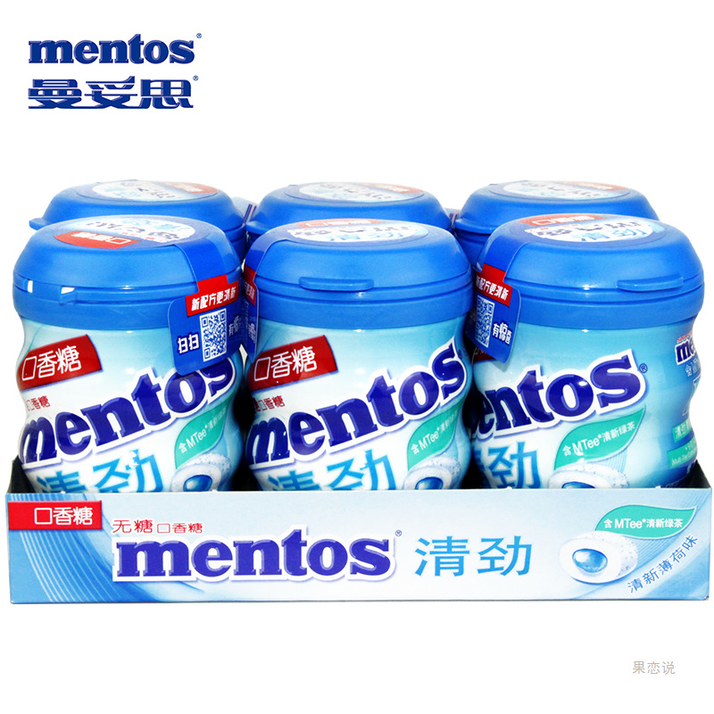 曼妥思清劲夹心无糖口香糖56g*6瓶装大颗粒特强薄荷味酸柠红果味