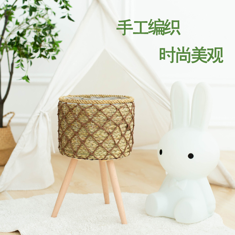 Nordic Woven Flower Stand Household Large Knitted Basket Bamboo Basket round Wooden Leg Bracket Jardiniere Straw Woven Hollow Basin Stand