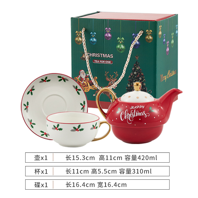 Ins Christmas Ceramic Cup Dish Amazon Hot Sale Featured Gold-Plated Tea Set Christmas Gift One Pot One Cup