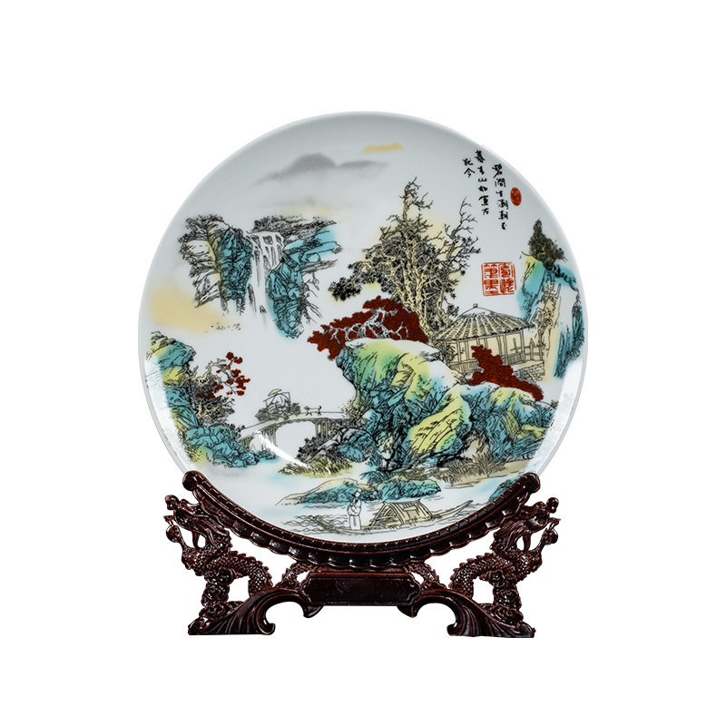 Jingdezhen Ceramic Crafts Hanging Dish Decoration Modern Chinese Style Furnishings Living Room Decorative Tray Landscape Painting Ceramic Decoration Plate