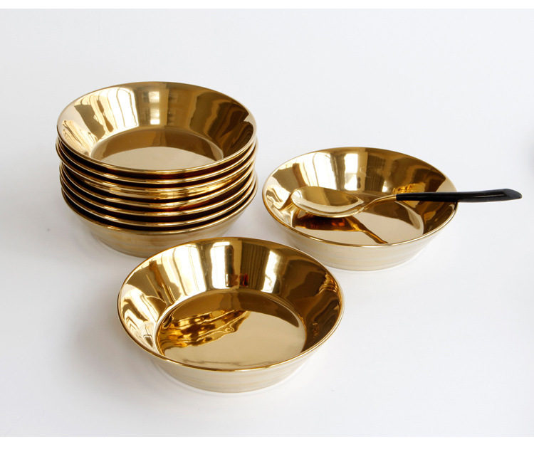 简约陶瓷餐具电镀金色陶瓷汤盘子水果盘西式餐厅深盘
