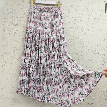 韩系温柔风甜美印花拼接复古百搭长裙小清新浪漫褶皱碎花半身裙