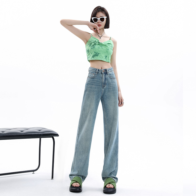 High Waist Jeans for Women 2023 Summer Thin Retro Loose Slimming Narrow Version Straight Wide Leg Mop Trousers Wholesale