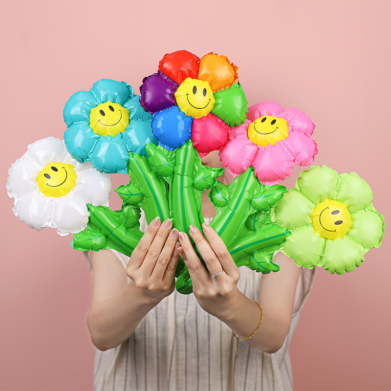 Smiling Face Little Daisy SUNFLOWER Hand-Held Bar Flower Balloon Children's Birthday Decoration Kindergarten Reward Promotional Gifts