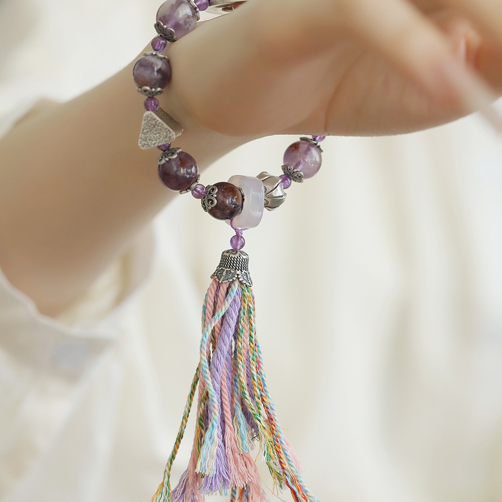 s925银九紫离火手串紫幽灵紫水晶彩绳流苏手链女国风手串-阿里巴巴
