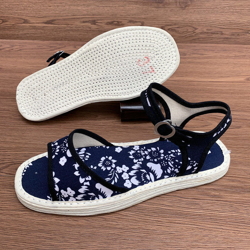 老北京布鞋女鞋夏纯手工布凉鞋软底防滑透气一字扣布底千层底凉鞋