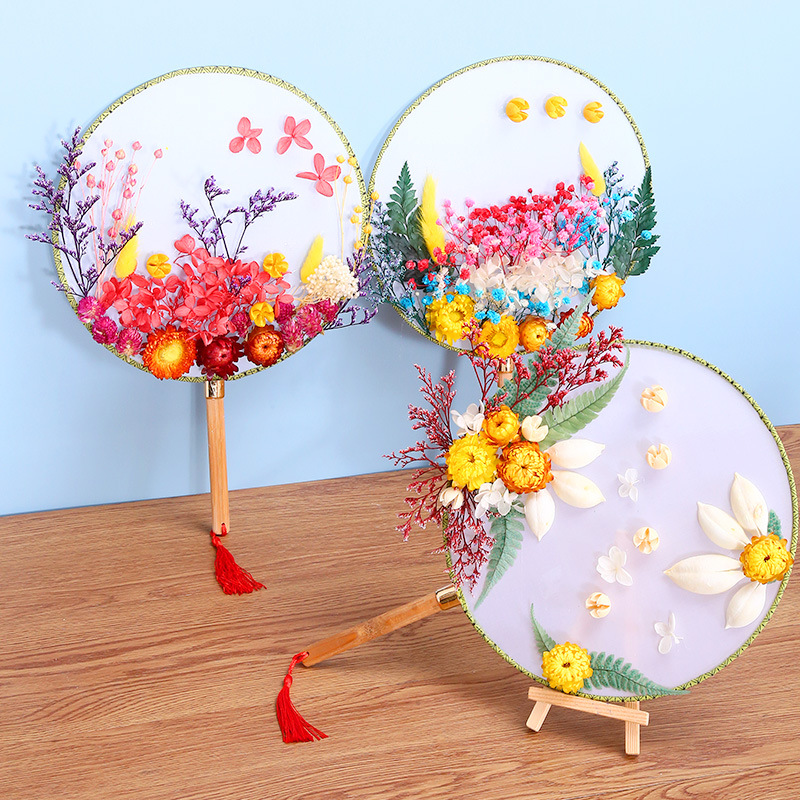 Dried Flower Circular Fan Diy Material Package Preserved Fresh Flower Antique Court Fan Women's Day Children's Parent-Child Handmade Gift Fan Surface