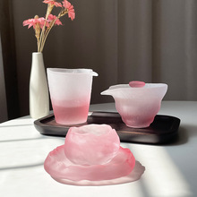 日式新款磨砂玻璃茶杯渐变绿色粉色办公室家用琉璃盖碗茶具套装