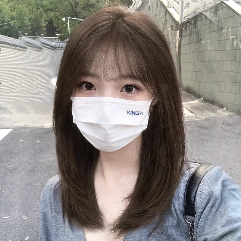 假发女黑棕色中长发学生圆脸时尚新款自然空气刘海甜美锁骨发头套