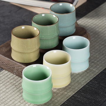 龙泉青瓷六色竹节杯 陶瓷哥窑开片茶杯 家用待客杯办公礼品水杯