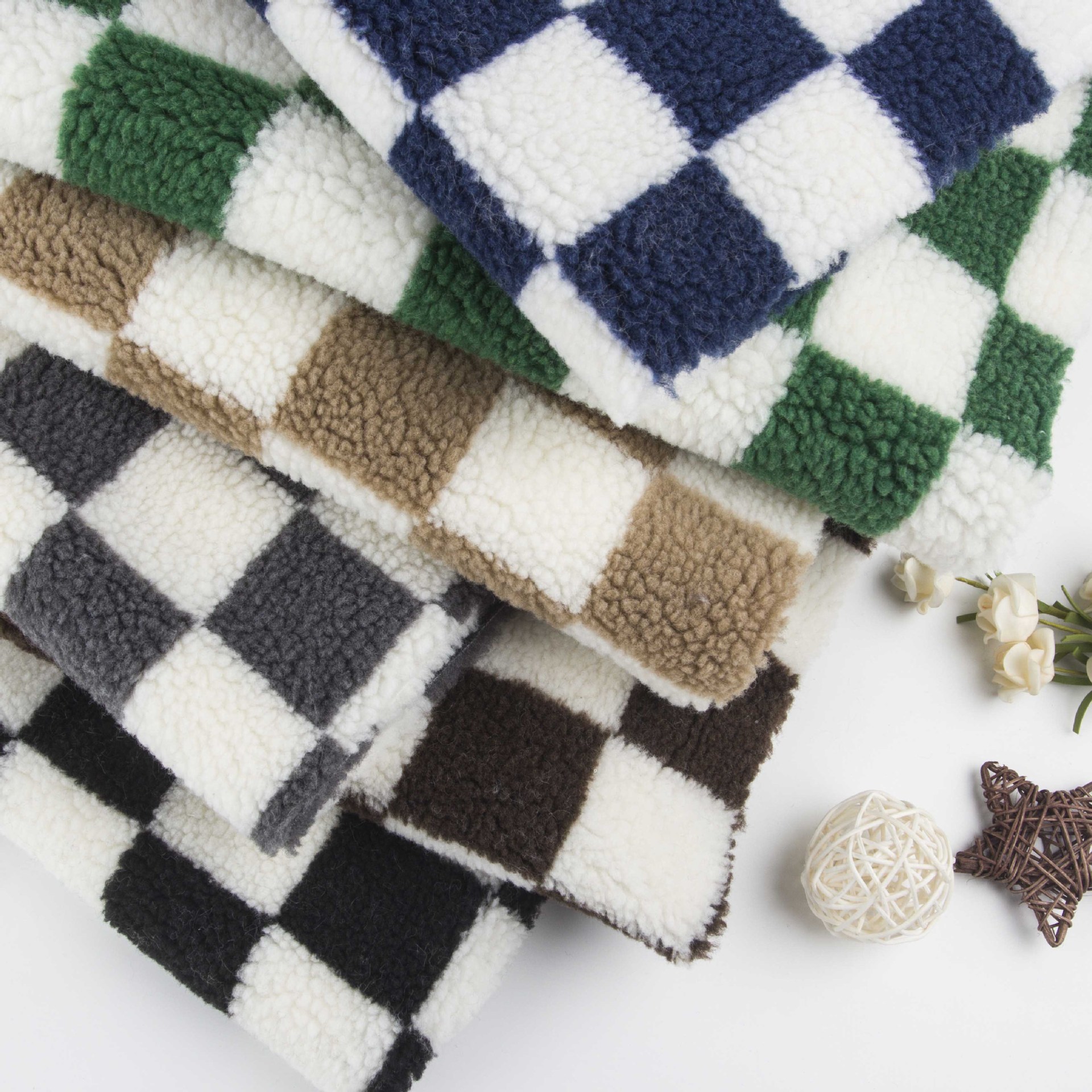 提花羊羔毛 棋盘格小方块羊羔毛提花格子 羊羔绒 服装绒布面料