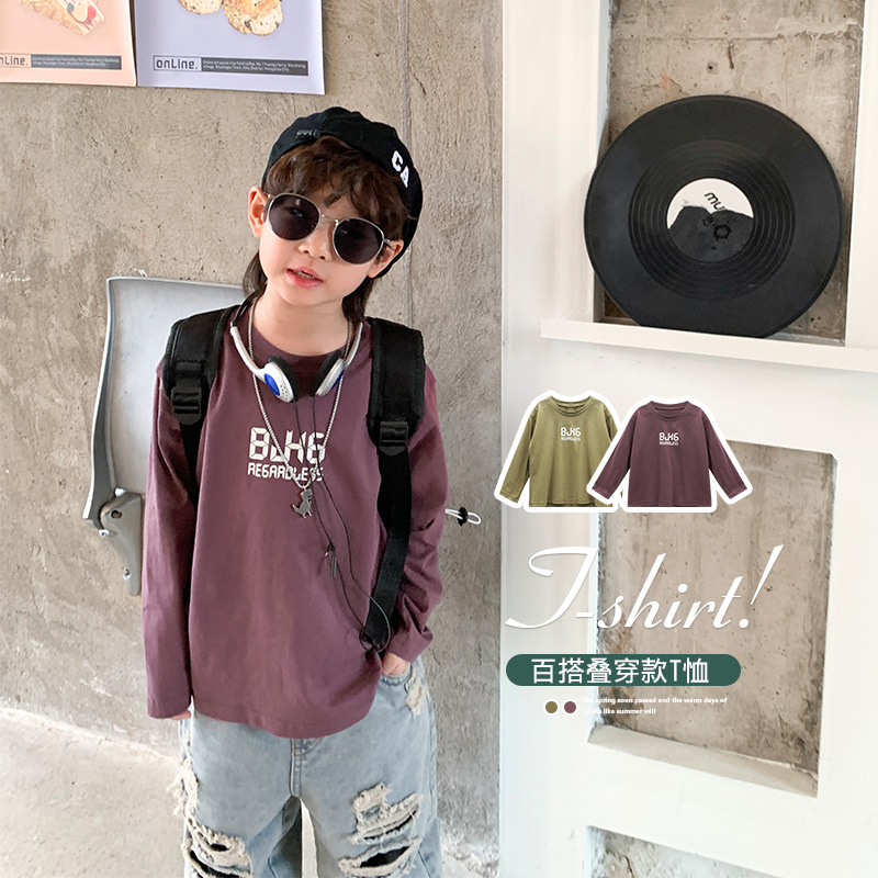 男童紫色字母长袖t恤春季2024新款儿童复古打底衫上衣春款春装
