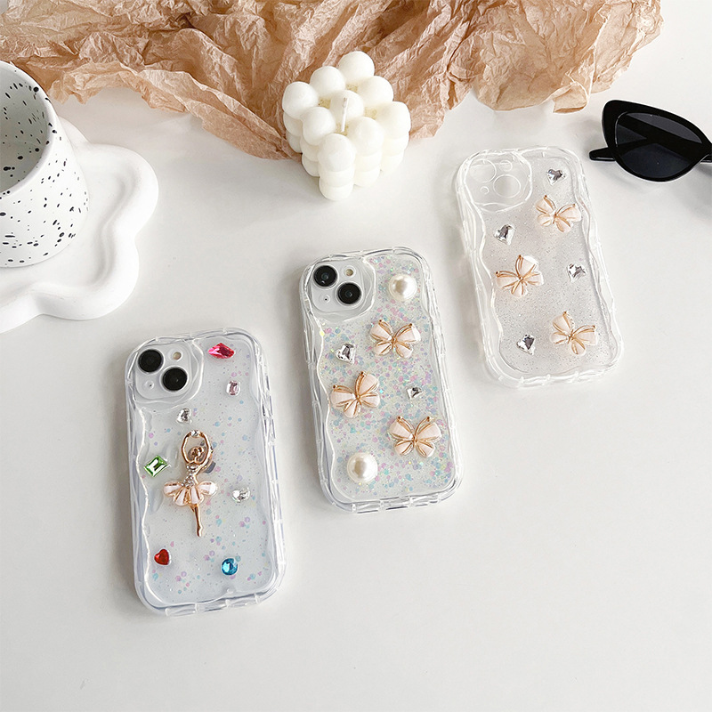 适用iphone15promax水钻宝石珍珠手机壳滴胶苹果14闪粉亮片爱心13