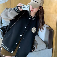 刺绣加绒加厚美式复古棒球服外套女冬季加厚宽松情侣夹克卫衣批发