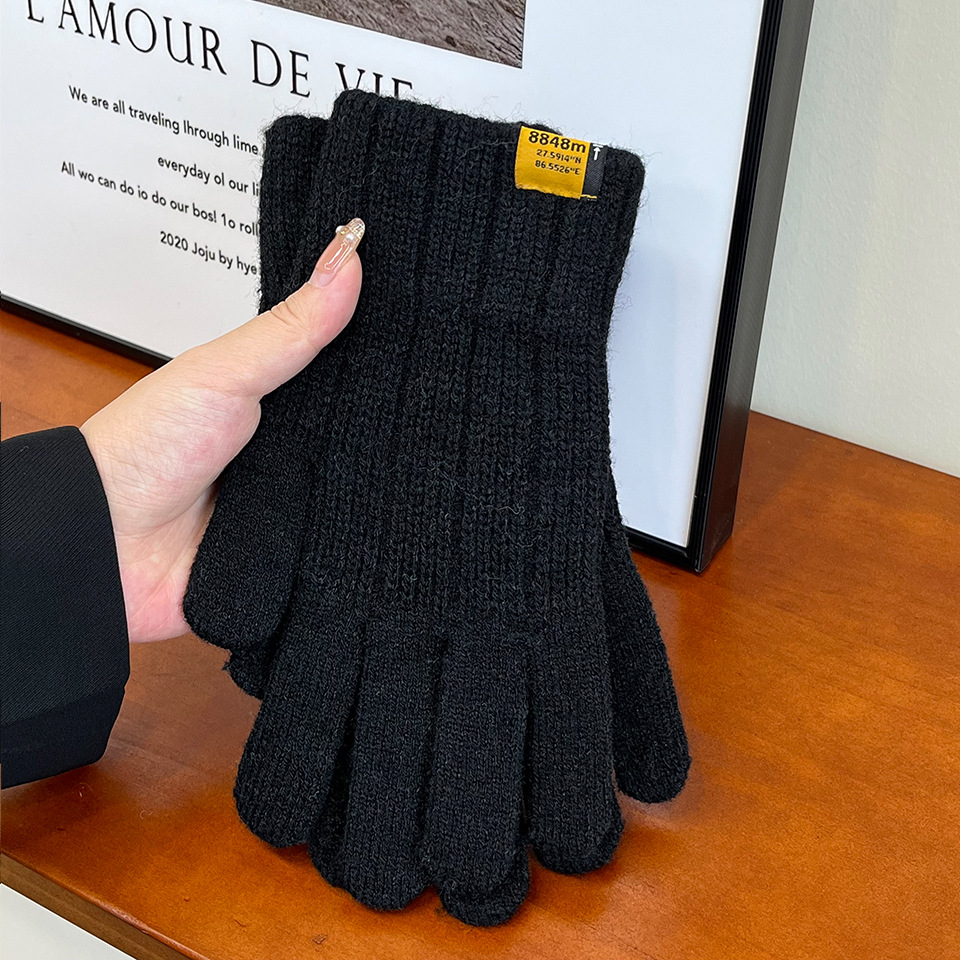 Korean Style Fashionable Knitted Warm Men's Gloves Cold Protection in Winter Thickened Sewed Label Vertical Pattern Open Finger Touch Screen Riding Finger