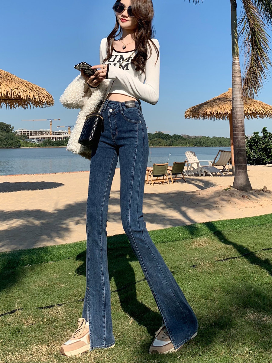 加绒腰开叉牛仔裤女秋冬2021年新款百搭显瘦垂感拖地喇叭裤子