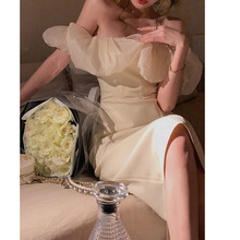 轻婚纱小礼服裙白色高级感平时可穿一字肩连衣裙女订婚抹胸晚礼服