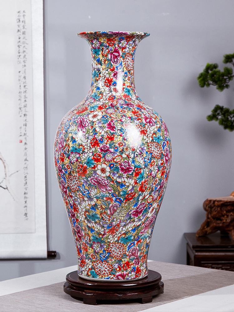 景德镇陶瓷器珐琅彩万花落地大号插花瓶中式客厅玄关装饰礼品摆件